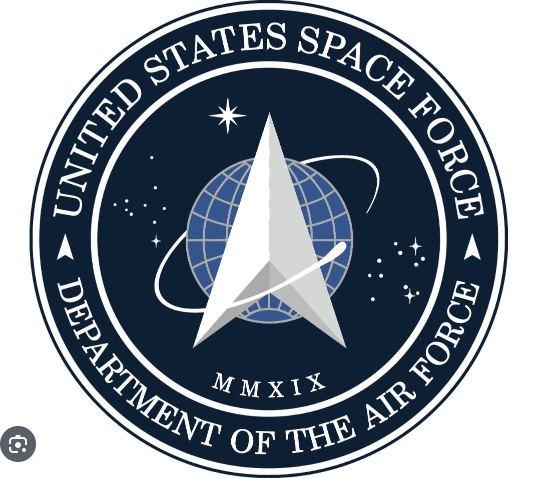 United States Space Force emblem featuring a central silver delta symbol over a globe with orbital path, surrounded by stars, with 'United States Space Force' and 'Department of the Air Force' text.