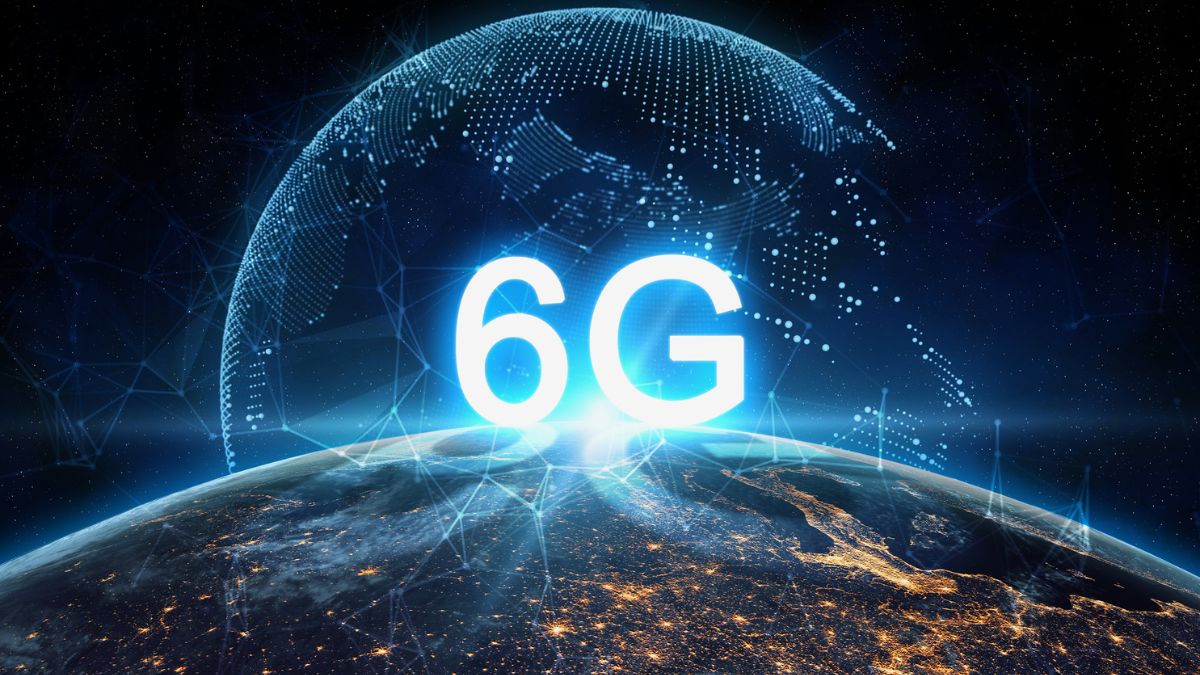 Futuristic digital illustration of '6G' technology with a glowing networked Earth viewed from space.