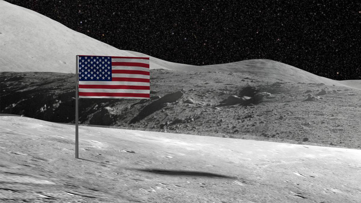 A digitally generated image of the American flag planted on the Moon's barren surface, with a star-filled sky in the background.