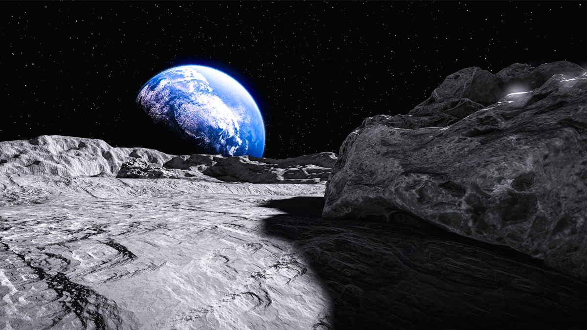 A digitally generated 3D illustration of Earth's view from the Moon's rocky surface, with stars in the background.