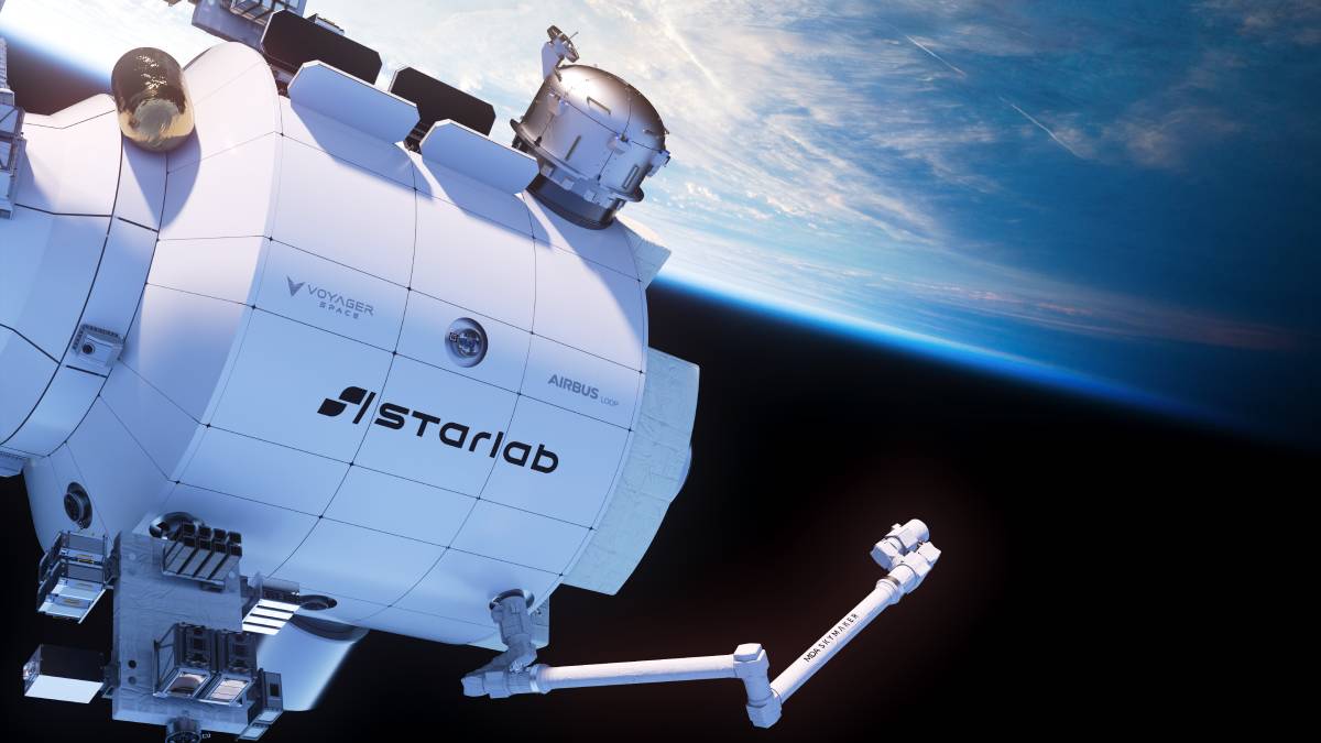 A detailed rendering of the Starlab space station orbiting Earth, showcasing its modular design, robotic arm, and partnership logos, with a view of the planet's curvature in the background.