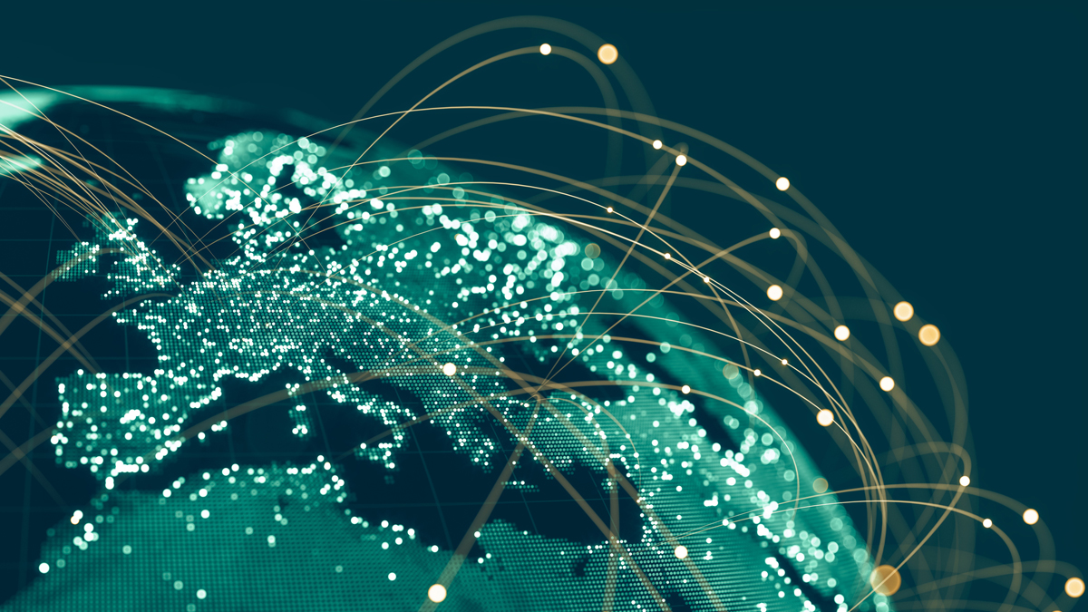 A digital representation of a connected world, showing a glowing network of data points over Europe with golden lines indicating global communication.