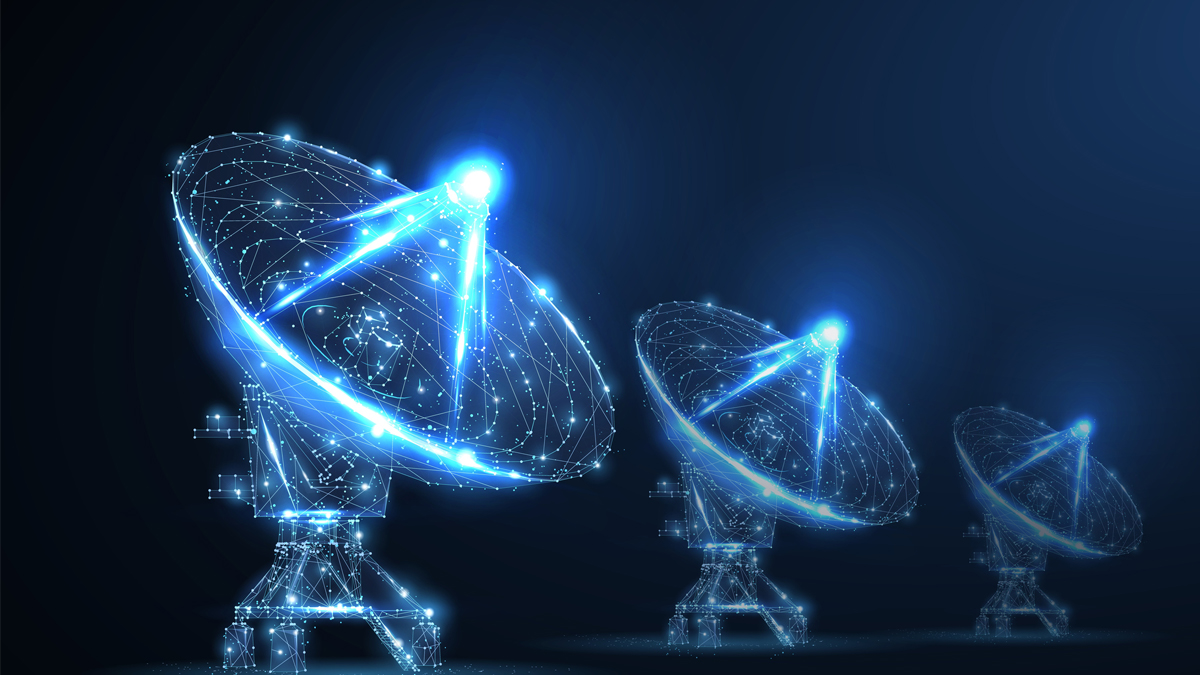 Three glowing satellite dishes formed by a network of interconnected points and lines, highlighting futuristic data transmission technology.