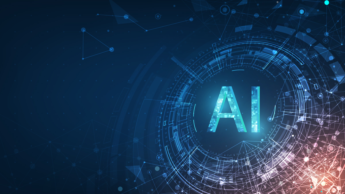 Futuristic circular digital interface with the letters 'AI' illuminated in blue, surrounded by interconnected lines and shapes on a dark abstract background, representing advanced artificial intelligence technology.