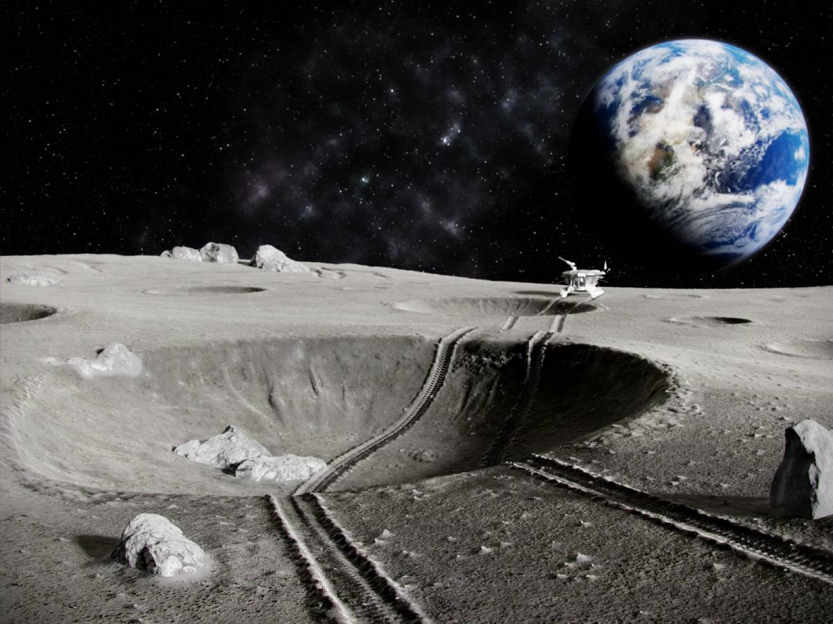 A lunar rover on the Moon's surface near a crater, with Earth visible in the distance against a starry sky.