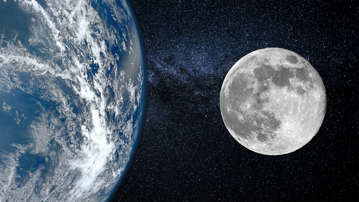 A view of Earth and the Moon against a star-filled space background.