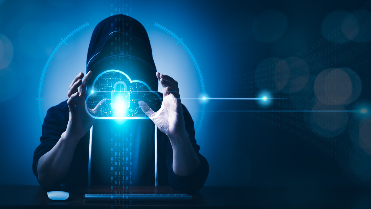 A hooded figure holding a glowing cloud icon with a lock, symbolizing cybersecurity and cloud data protection.