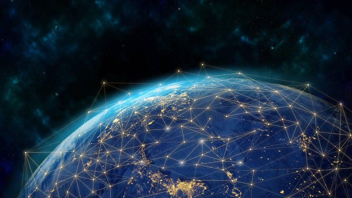 A view of Earth from space with glowing interconnected nodes and lines representing global networks and communication.