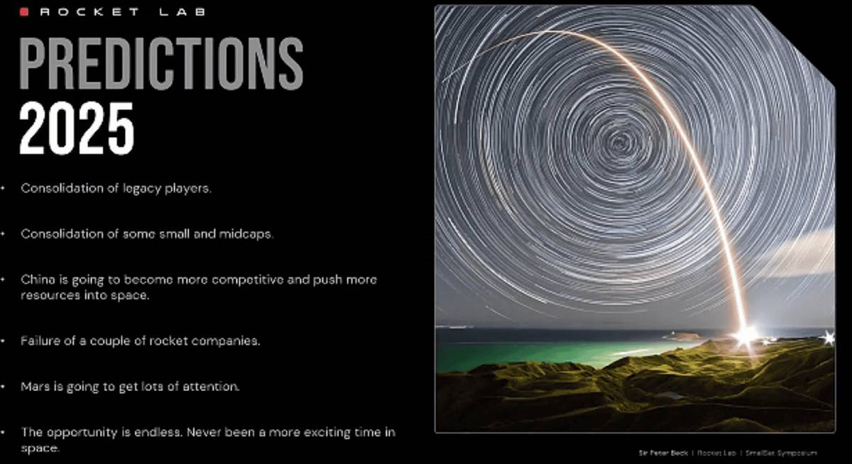 A Rocket Lab presentation slide titled 'Predictions 2025' lists industry forecasts, including market consolidation, China's growing competitiveness, rocket company failures, and Mars exploration, alongside an image of a rocket launch with star trails in the night sky.