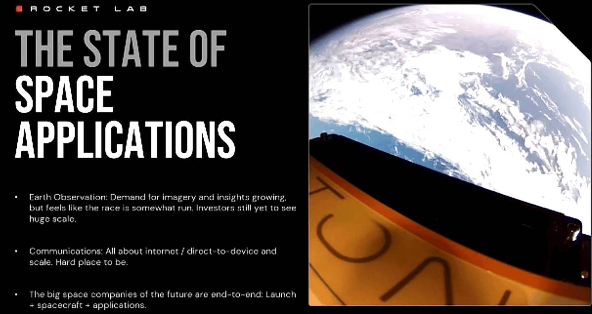 A Rocket Lab presentation slide titled 'The State of Space Applications' features a list of insights on Earth observation, communications, and space companies, alongside an image of Earth from space with part of a spacecraft visible.