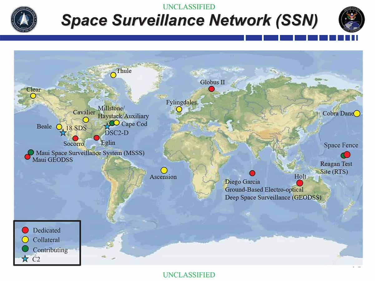 Map of the global Space Surveillance Network (SSN) showing dedicated (red), collateral (yellow), contributing (green), and command/control (blue star) sites for monitoring space activity.