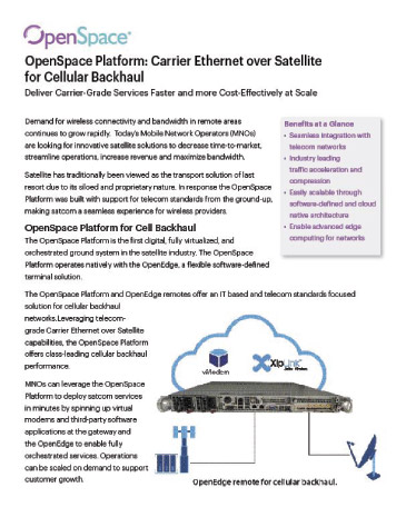 Informational sheet titled 'OpenSpace Platform: Carrier Ethernet over Satellite for Cellular Backhaul,' highlighting benefits, features, and an illustration of a network integration system for cellular backhaul.