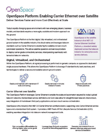 Informational sheet titled 'OpenSpace Platform: Enabling Carrier Ethernet over Satellite,' highlighting benefits and features.