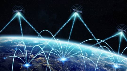 Illustration of a global network with data transmission lines connecting various points on Earth, representing carrier Ethernet over satellite communication.