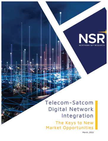 Cover of a report by Analysys Mason titled 'Telecom-Satcom Digital Network Integration: The Keys to New Market Opportunities,' dated March 2022, featuring an abstract cityscape with digital network lines.